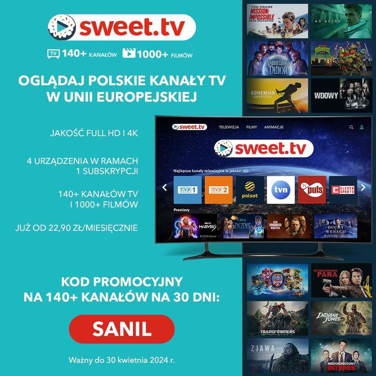 30dni darmowej telewizji w SWEET.TV w pakiecie L ze 145 kanałami.