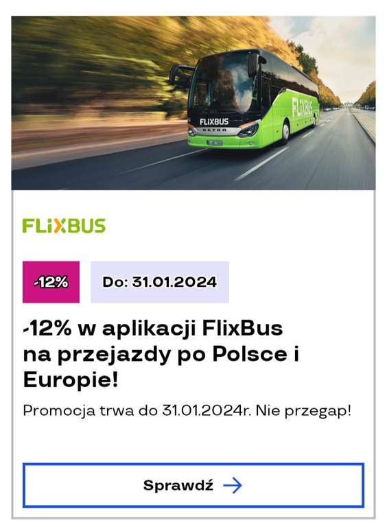 kod -12% w aplikacji FlixBus na przejazdy po Polsce i Europie (Sodexo Pluxee)