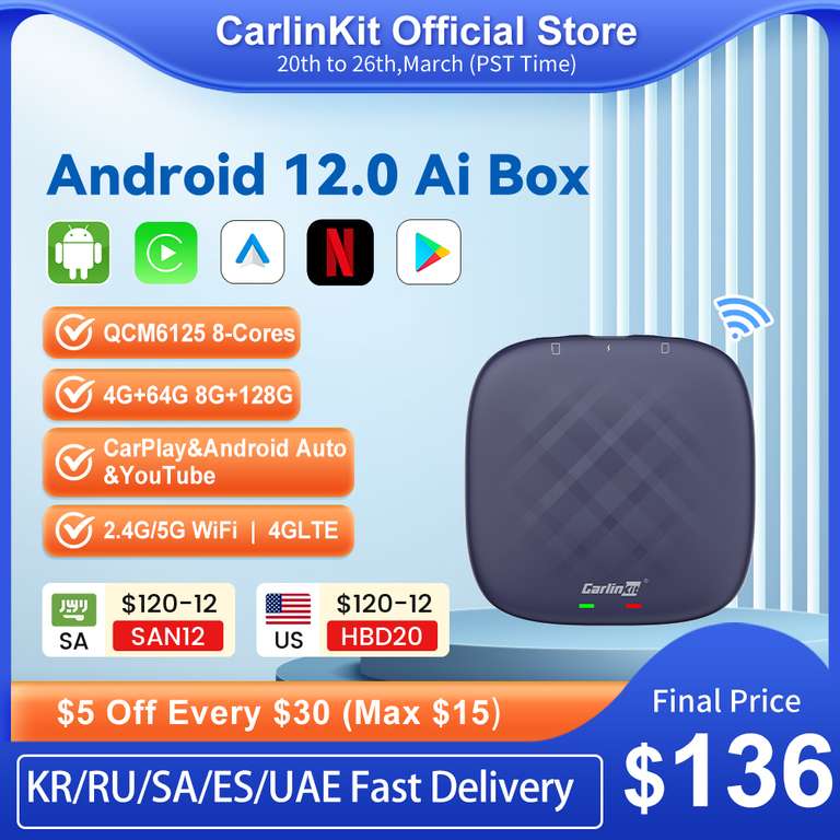 Bezprzewodowy moduł CarlinKit z Android 12 (Car Play i Android Auto) dla aut z fabrycznym przewodowym Car Play @ AliExpress