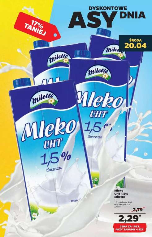 Mleko UHT 1,5% Miletto *Przy zakupie 4 sztuk* Netto