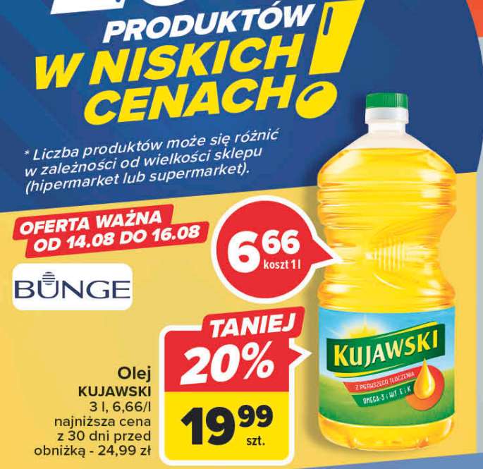 Olej Kujawski duża butelka 3L za 19,99 zł (6,66zł/litr)