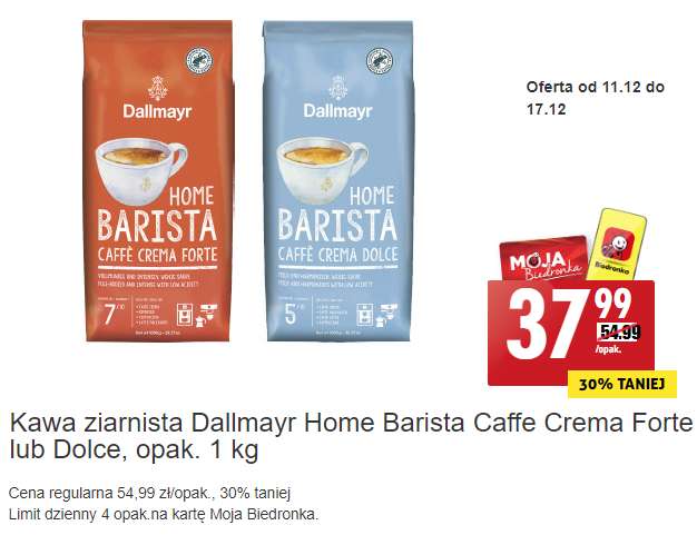 Kawa ziarnista Dallmayr Home Barista Caffe Crema Forte lub Dolce, opak. 1 kg @Biedronka