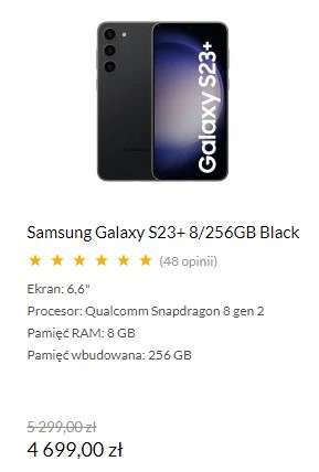 Smartfon Samsung Galaxy S23+ 8/256GB Black (możliwe 4199 zł po zwrocie)
