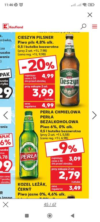 Piwo Perła chmielowa i bezalkoholowa 2,79zł.