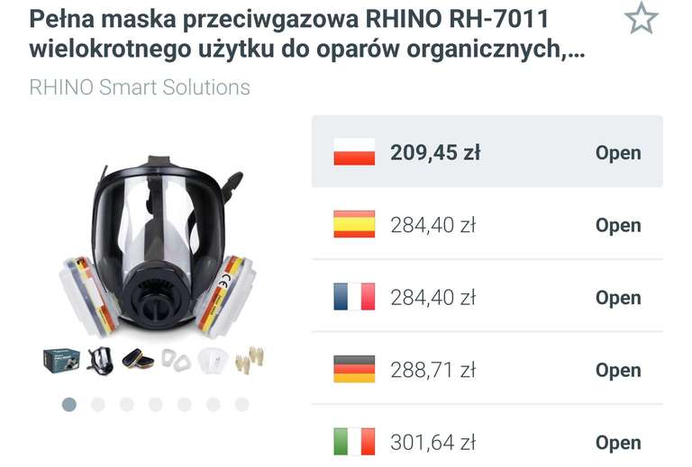 Pełna maska przeciwgazowa RHINO RH-7011 - do oparów organicznych, kwaśnych gazów, fumigacji, farby + 10 filtrów i rękawiczki