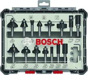 Bosch Professional 15 szt. Mieszany zestaw frezów z trzpieniem (do drewna, akcesoriów frezarek górnowrzecionowych z trzonem 8 mm)
