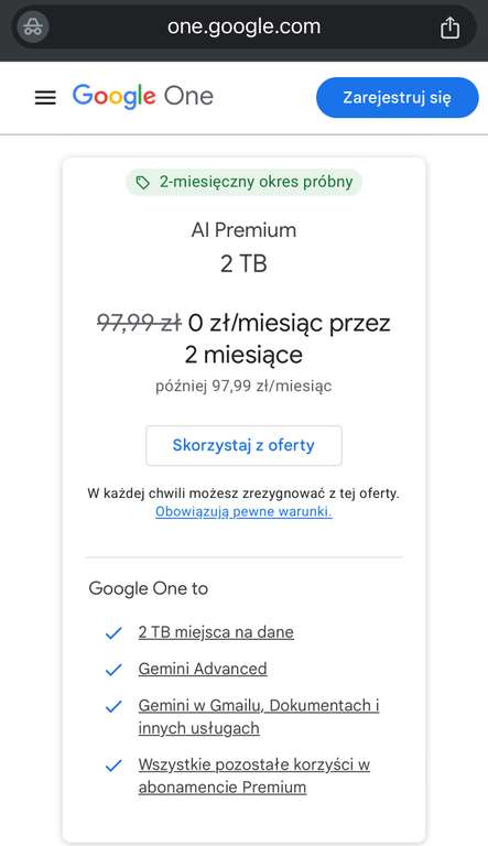 Google One 2TB + AI na 2 miesiące za darmo