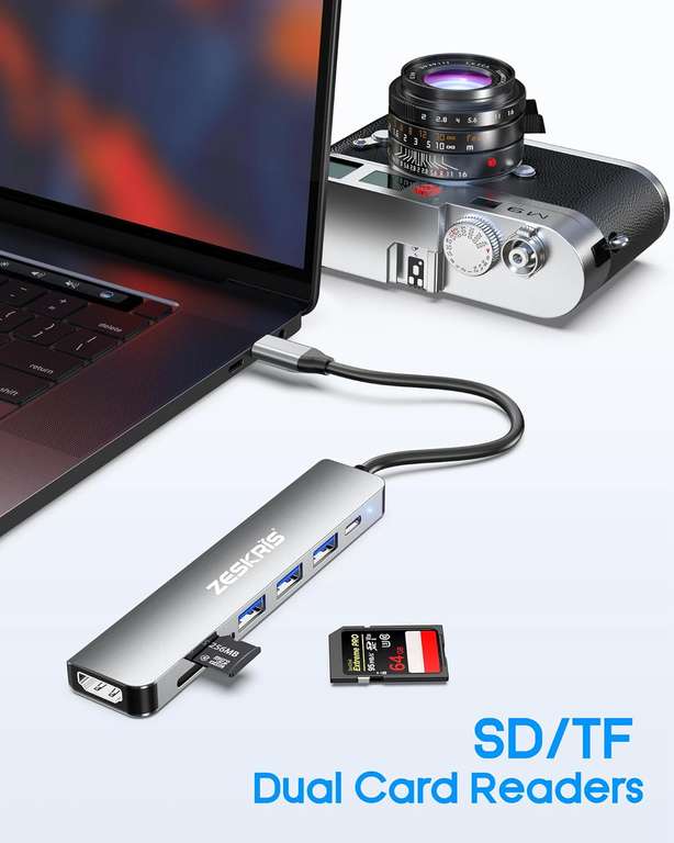 ZESKRIS Hub USB C, adapter 7 w 1 USB C na HDMI z 4K HDMI, 100 W PD, 1 x USB 3.0, 2 x USB 2.0 i czytnik kart SD/TF