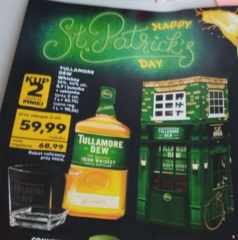 Whiskey Tullamore D.E.W + szklanka, 0'7 L za 59,99 zł w Kaufland przy zakupie 2 butelek+ inne alkohole