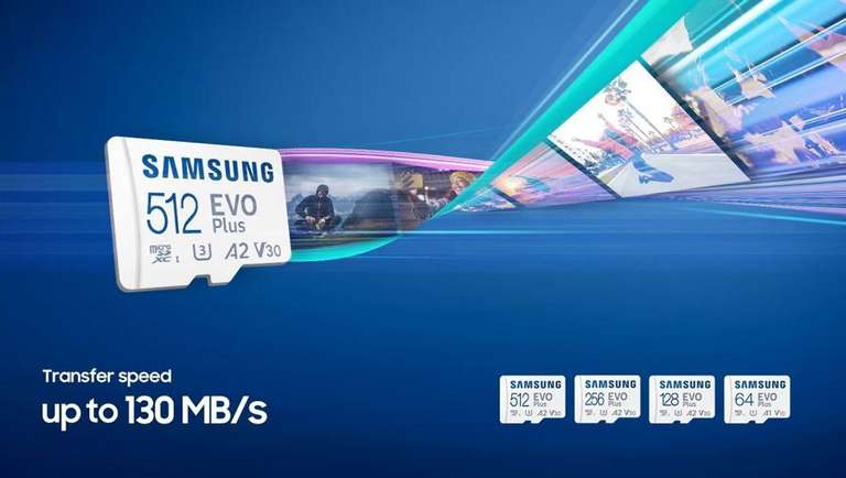 Karta pamięci Samsung microSDXC EVO Plus 512 GB U3, A2, V30 + adapter SD, zapis/odczyt 90/130 MB/s, gwarancja 10 lat