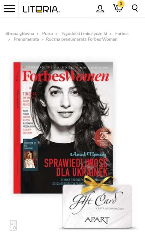 Forbes Woman prenumerata + premium Onet + karta Apart 100 zł