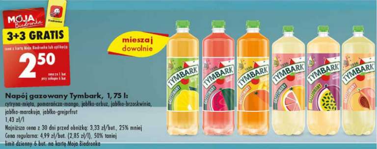 Tymbark Napój gazowany 1,75 l różne rodzaje cena przy zakupie 6 butelek @Biedronka