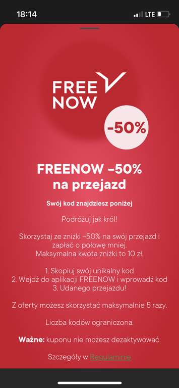 Zniżka 50% / 10 PLN na FreeNow za żappsy (250)