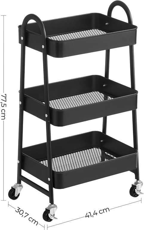 SONGMICS Wózek z 3 poziomami, metalowy wózek kuchenny do serwowania, z uchwytami, 2 hamulce, łatwy montaż, czarny