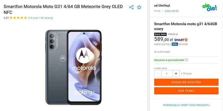 Smartfon Motorola Moto G31 4/64GB - 589 zł