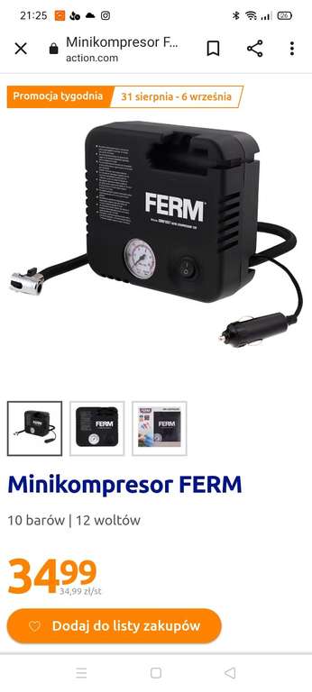 Minikompresor / kompresor samochodowy Ferm /Action
