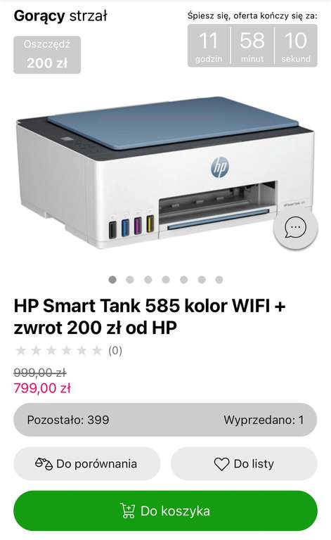 Urządzenie wielofunkcyjne HP Smart Tank 585 kolor WIFI za 799 minus 200 zł CASHBACK od HP