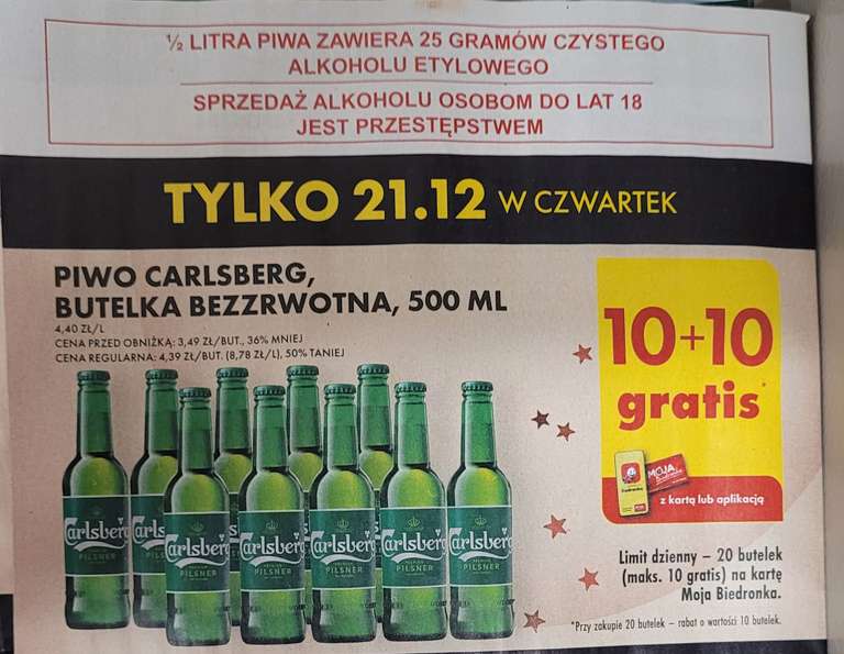 Piwo Carlsberg w butelkach 10+10 gratis. Biedronka 21.12 czwartek.