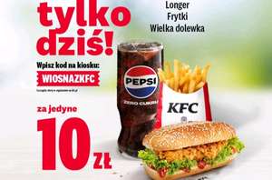 KFC Longer + frytki + Wielka dolewka za 10zł tylko dziś