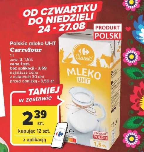 Mleko UHT 1l 1,5% przy zakupie 12 opak. @Carrefour