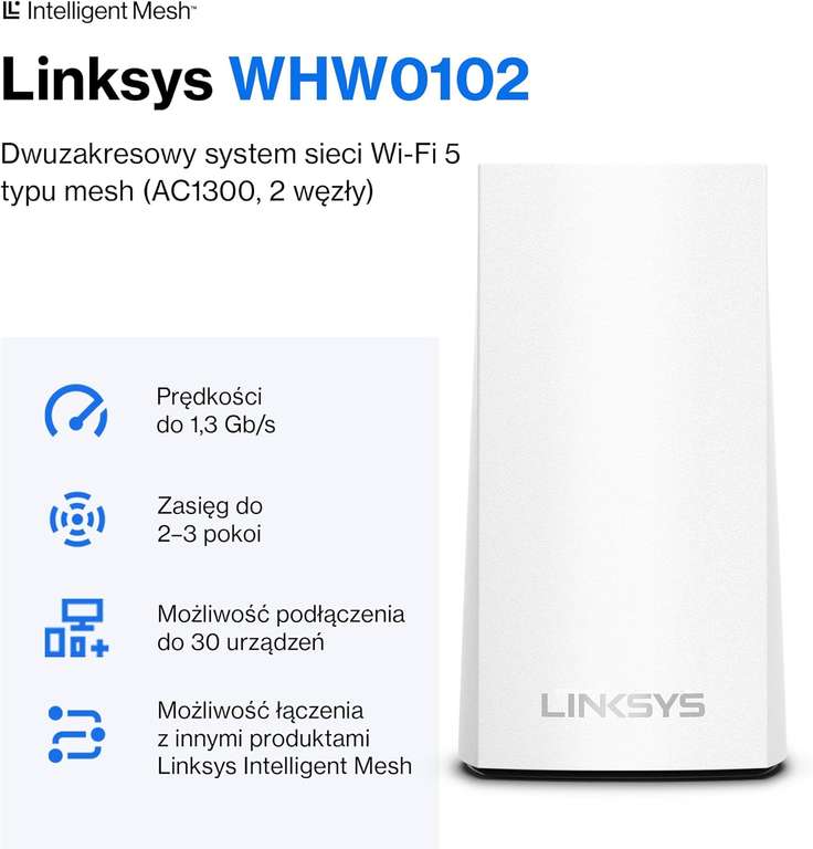 Dwupasmowy system WLAN Linksys Velop WHW0102 sieci mesh Wi-Fi 5 (AC1200) – router, repeater, wzmacniacz do 260 m² – 2 szt., biały