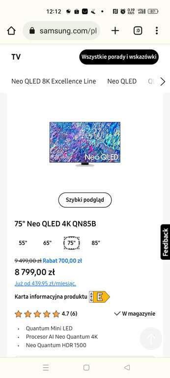 Telewizor Samsung 75 cali 4k Neo QLED QN85B możliwe 7919,10zł