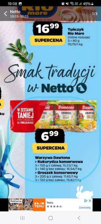 Netto kukurydza konserwowa i groszek 3pak 6.99 zł/ op