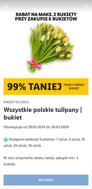 Wszystkie polskie tulipany, różne ilości, 3 bukiet 99% taniej z Lidl Plus