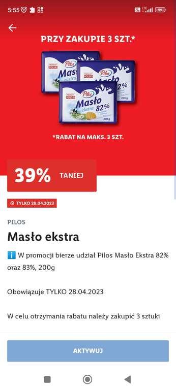 LIDL Masło EXTRA Pilos 200g 82% i 83% cena przy zakupie 3 sztuk z kuponem w aplikacji.