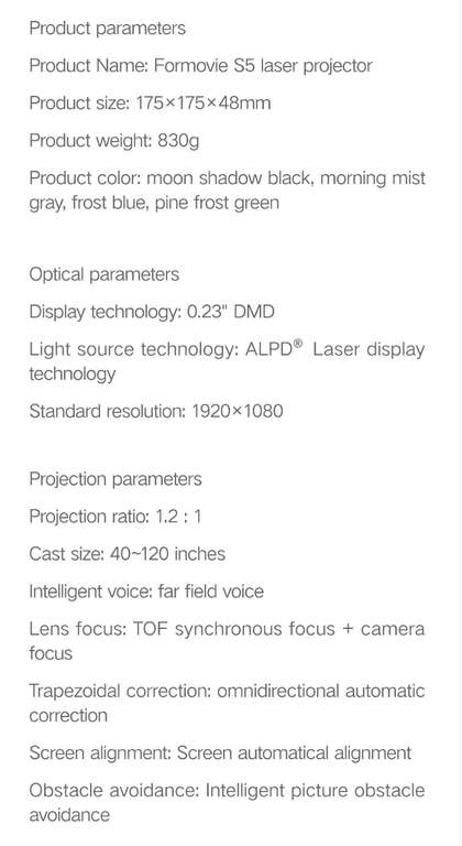 Projektor laserowy FENGMI S5 FullHD (1100 ANSI, HDR10, automatyczna korekcja, MEMC, 2+16GB) | Wysyłka z EU | $450 @ Gshopper