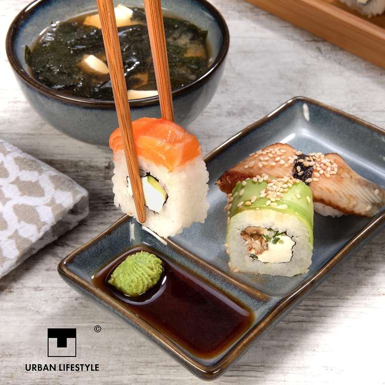 Zestaw do sushi Misaki w kolorze szaro-niebieskim dla dwóch osób (2 talerze do sushi, 2 miski z ceramiki, 2 pary pałeczek z bambusa)