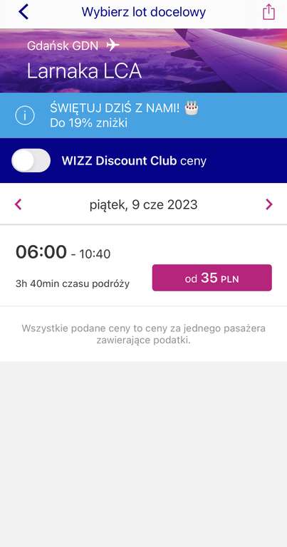 Lot Gdańsk - Larnaka (Cypr) 70 zł/dwie strony czerwiec Wizzair – błąd cenowy, wszystkie loty po 35 zł w aplikacji