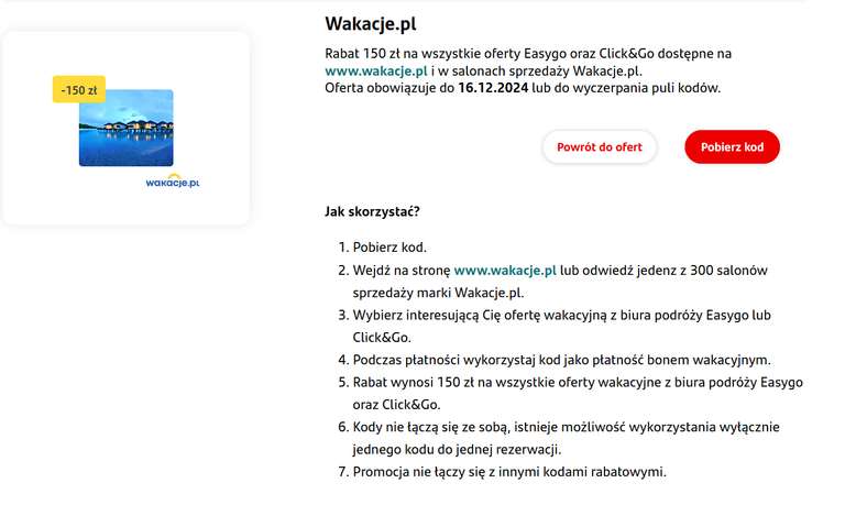 Wakacje.pl | -150zł na oferty Easygo oraz Click&Go
