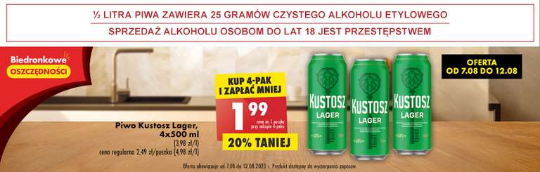 Piwo KUSTOSZ LAGER 6% Biedronka - 1,99 zł przy zakupie 4-paku