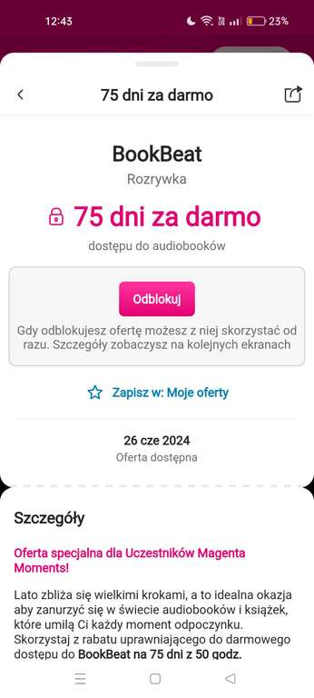 Bookbeat 75 dni 50h słuchania za darmo T-Mobile magenta moments