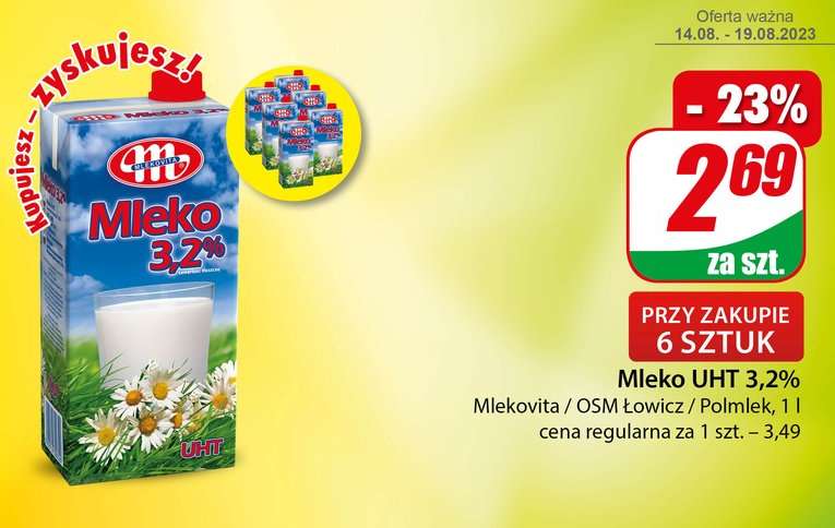 Mleko 1l (3,2%) po 2.69 zł przy zakupie 6 sztuk w Dino