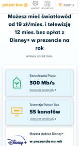 Plus/Polsatbox Internet światłowód 300Mb/s 19zl/msc. Telewizja wraz z Disney+ na rok za darmoumowa na 2 lata od 13. mies. 107,99 zł/miesiąc