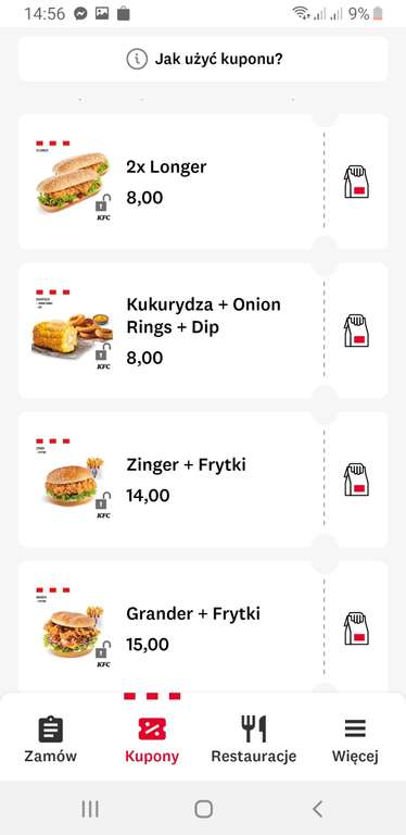 30 kuponów KFC w tym, m.in grander+frytki 15zł, 2xgrander 24zł
