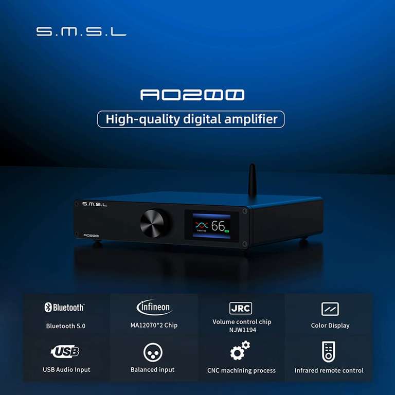 SMSL AO200 Zbalansowany Zintegrowany Wzmacniacz S.M.S.L BT5.0 USB XLR RCA 2.1; 150 W/2Ω | 90 W/4 Ω | 40 W/8 Ω