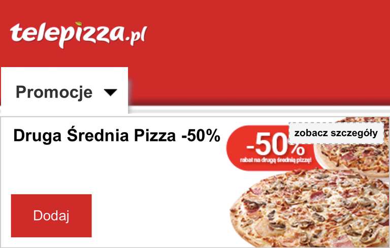 -50% na drugą średnią Pizzę w Telepizza