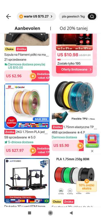 Filament PLA jedwab TPU PETG 2kg ok 18,69 USD Aliexpress