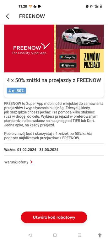FreeNow Taxi - Kaufland - 4 x 50% ( max 9zl)