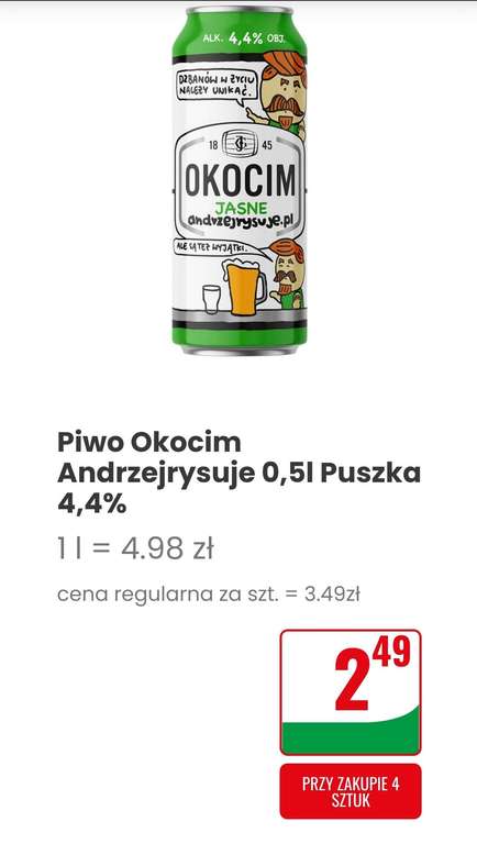 Piwo Okocim Andrzejrysuje 0,5l Puszka 4,4% przy zakupie czterech sztuk.