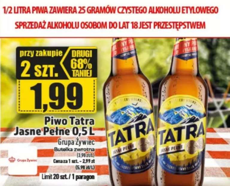 Piwo Tatra Jasne Pełne 1.99 przy zakupie 2 szt - Topaz