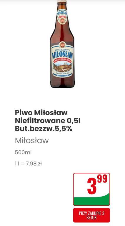 Piwo Miłosław do wyboru pszeniczne, niefiltrowane, chmielowe, bezalkoholowe i bezalkoholowe pszeniczne w Dino
