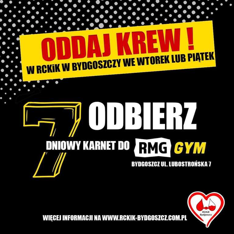 Oddaj krew we wtorek lub w piątek i odbierz 7 dniowy karnet na silownie RMG GYM w Bydgoszczy