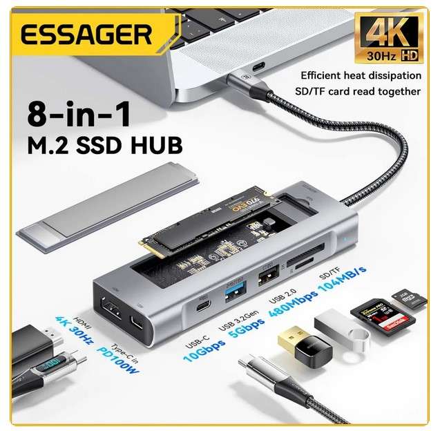 Stacja dokująca ESSAGER 8w1 (obsługa kart pamięci, slot M.2, HDMI itp.) - $24.08