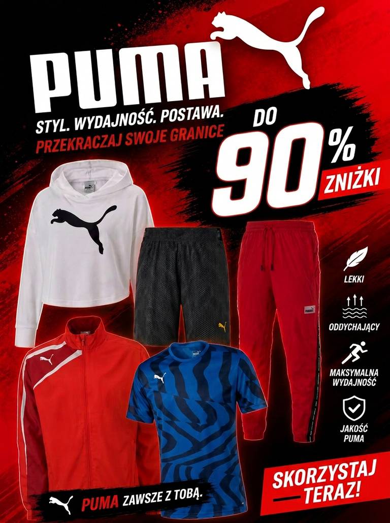 Wyprzedaz marki PUMA w Sportrabat do 90% koszulki dresy spodnie (np. koszulka za 34,95 zł)