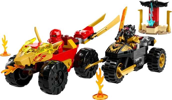 LEGO NINJAGO 71793 Lawowy smok zmieniający się w falę ognia | LEGO NINJAGO 71789 Bitwa samochodowo-motocyklowa między Kaiem a Rasem