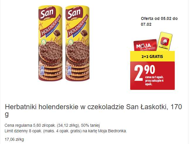 Herbatniki holenderskie w czekoladzie San 170g 2+2 gratis @Biedronka
